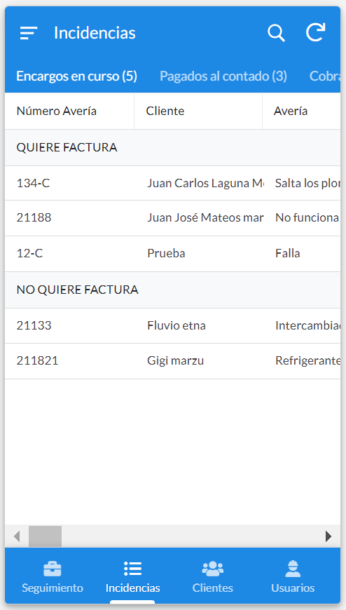 Pantalla Appsheet incidencias